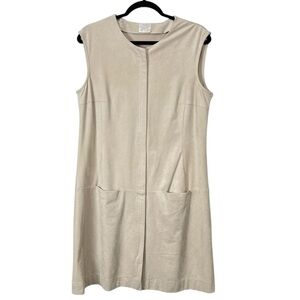 RIANI Sleeveless Dress Apron Pockets Double Zip Taupe Faux Suede Size 10